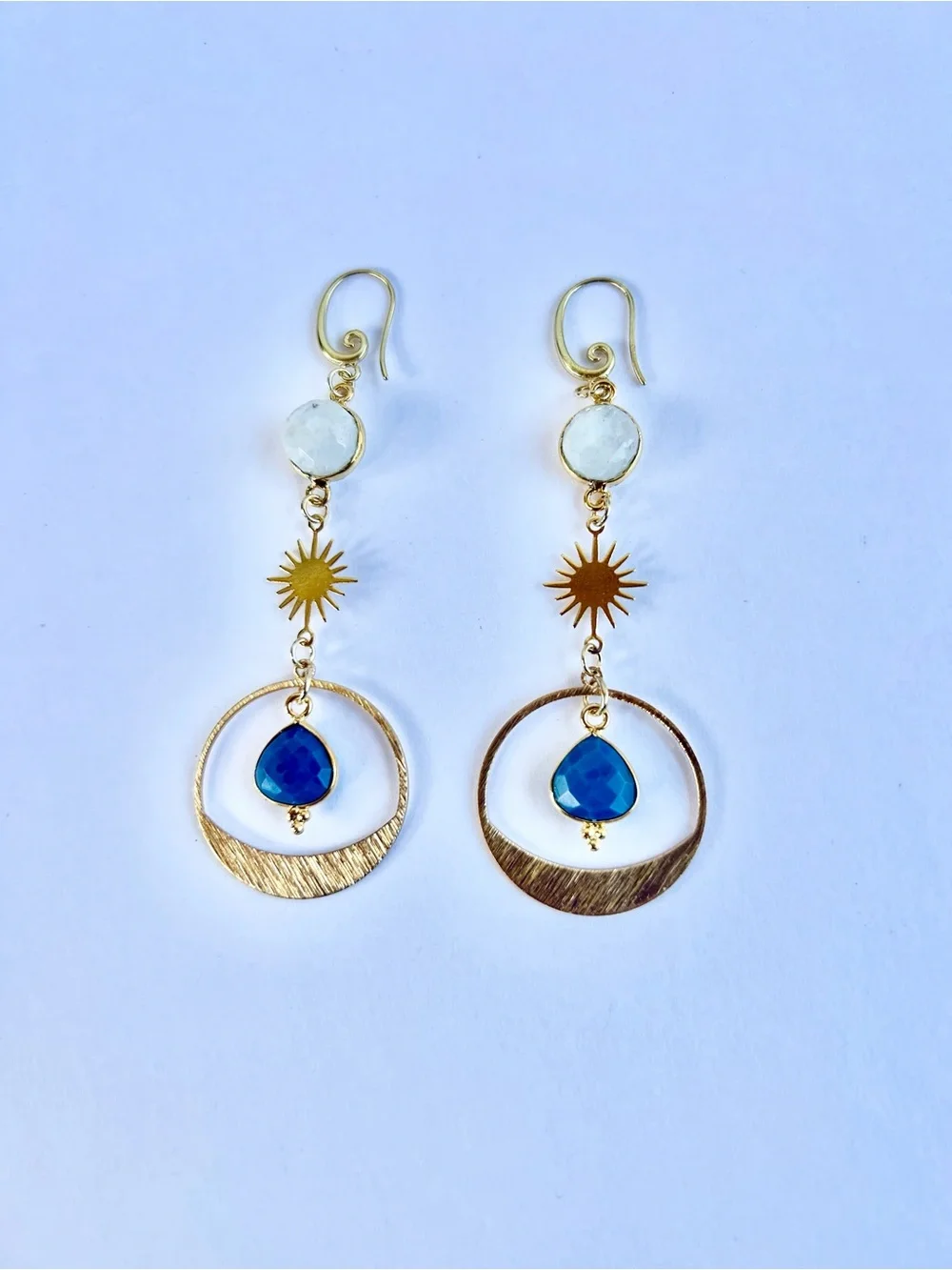 Gold-Tone Moonstone & Blue Teardrop Sunburst Dangle Earrings